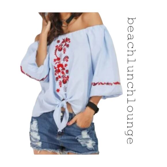 BEACHLUNCHLOUNGE OFF SHOULDER EMBROIDERED BLOUSE SIZE XS - Picture 1 of 11